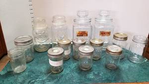 lot 1327 image: Mr Peanut glass jar, jelly jars and 3 glass containers with lids