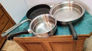 lot 1346 image: 2 skillets and part of a double boiler