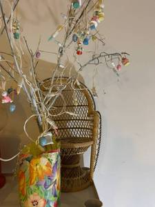 lot 2057 image: Easter egg lighted tree and wicker chair Decor