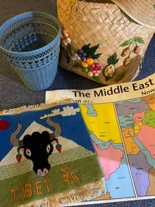 lot 2062 image: Beach bag and hat, Middle East map and Tibet rug