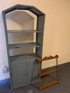 lot 2070 image: Wicker shelf 28x 16 x 34 and wooden shelf
