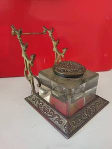 lot 1157 image: Antique brass and glass ink well