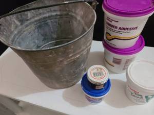 lot 3205 image: Galvanized bucket with adhesive, wood puddy and more