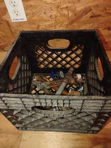 lot 4226 image: Milk crate with copper and brass plumbing shut off valves