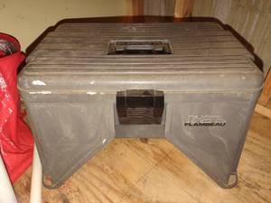lot 4232 image: Flambeau work stool with storage and contents