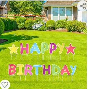 lot 42031 image: Happy Birthday Yard Signs 16 with Metal Stakes, Premium Glossy Rainbow Lawn Letters for Outdoor Parties and Celebrations, Made from Sturdy Corrugated Plastic with Bonus Stars