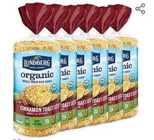 lot 42048 image: Lundberg Organic Brown Rice Cakes, Cinnamon Toast, 9.5 oz (Pack of 6), Gluten-Free, Vegan, Healthy Snacks