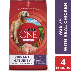 lot 42154 image: Purina ONE High Protein Senior Dry Dog Food, Plus Vibrant Maturity Adult 7 Formula, 4 lb. Bag
