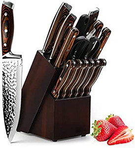 lot 1044 image: Knife Set, Psvweyo 15-Piece Kitchen Knife Set With Block Wooden, Self Sharpening For Chef Knife Set, Japan Stainless Steel, Hammered Collection Block Set and Steak Knives, Boxed Knife Sets