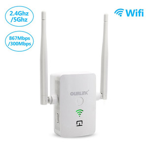 lot 1131 image: 1200Mbps WiFi Range Extender Repeater OURLINK 2.4G5G Dual Band with 2 High Gain External Antennas, WPS , Wireless Amplifier Router Signal Booster varies from stock photo