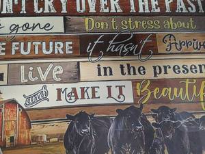 lot 1146 image: Dont cry over the past farm house cow framed canvas ready to hang 16x12 inches
