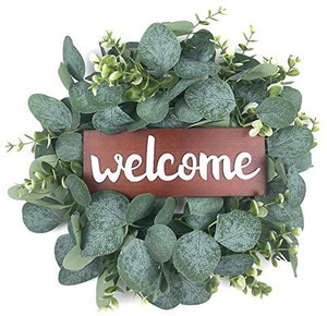lot 1154 image: Wreath Welcome Sign for Front Door Rustic Wall Hanging Wood Home Sign with Artificial Eucalyptus 13 Inch Farmhouse Porch Decorations for Home