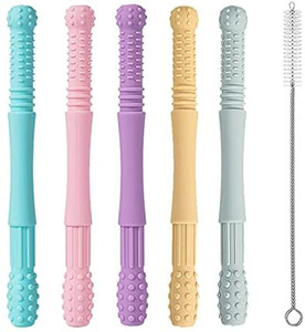 lot 1164 image: Silicone Baby Teething Tubes, Teethers Toys for Babies Newborn Todders , BPA FreeFreezable Infant Chew Straw Tube Teether Toy with a Cleaning Brush (9 PCs