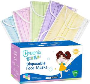 lot 1193 image: masks for Kids, Multiple-colors 3ply Disposable Children Face Masks PFE 98% Filter Quality, Breathable & Comfy (Pack of 50 Pcs) colors and package varies from stock photo