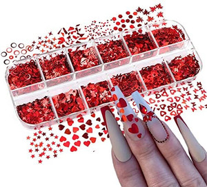 lot 1199 image: Heart Nail Art Glitter Sequins, Holographic Valentine��s Day Nail Sequin Paillettes 12 Grids 3D Heart Star Butterfly Letter Leaf Nail Glitter Flakes for Women DIY Nail Art Decorations Manicure Design