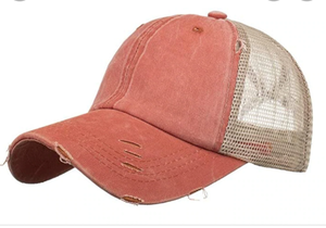 lot 1258 image: MESSY BUN PONYTAIL DISTRESSED BASEBALL CAP- BURNT ORANGE
