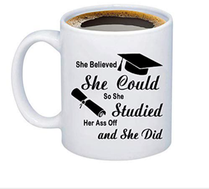 lot 1308 image: She Believed She Could So She Did-Graduation Coffee Mug 2021 Gift, Graduation Gifts For Her, Nurse,Graduated Women congratulations gifts color changing mug is black turns colors when hot