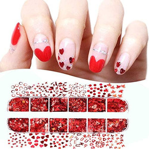 lot 1336 image: Red Heart Glitter Nail Sequins - 3D Nail Art Flakes Colorful Confetti Glitter Sticker Decals Manicure Nail Art Design Makeup DIY Decoration for Valentines Day