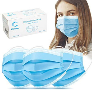 lot 1341 image: Disposable Face Masks 3-Ply Breathable Face Masks with Nose Wire Blue - Pack of 50