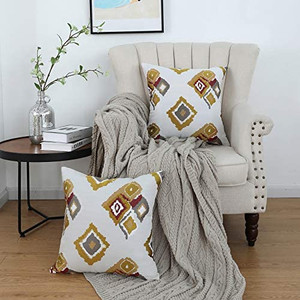 lot 8499 image: Oirpro Grey with Blues Boho Modern Farmhouse Throw Pillow Covers Decorative Embroidered Geometric Pattern Indoor Outdoor 20 x 20 Inch Pillow Covers, 2 Pack  blues see picks