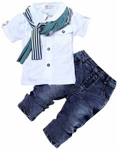 lot 8508 image: 3pcs Summer Kids Baby Boys Short Sleeve White T-Shirt TopsScarfJeans size 2