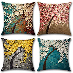 lot 8509 image: ULOVE LOVE YOURSELF Cotton Linen Throw Pillow Case Oil Painting Square Home Decorative Cushion Cover for 18 X 18 Inches Pillow Inserts, 4Pack Multicolor Trees