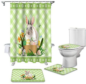 lot 8516 image: Happy Easter Bunny and Eggs 4 Pcs Shower Curtain Sets with Non-Slip Bathroom Rugs Toilet Lid Cover and Bath Mat, Durable Waterproof Curtains with Hooks design is different see last pics