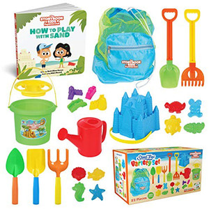 lot 4276 image: The Storybook Kids Explorers Club Beach Toys - 23-Piece Sandbox Toys Set for Toddlers - Sandcastle Building Kit Of Shovels, Molds, Bucket & Pail In Strong Carry Bag - Sand Playset