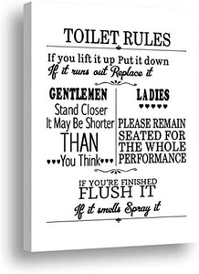 lot 4292 image: JANNAH Funny Wall Decor for Bathroom Wall Picture Wall Art 8x10-inch Framed Canvas Sign with Restroom Rules Black & White Picture for Hall Bath or Farmhouse Decor Laugh Sign