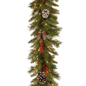 lot 4298 image: National Tree Company Pre-Lit Artificial Christmas Garland, Green, Frosted Berry, White Lights, Decorated with Pine Cones, Berry Clusters, Plug In, Christmas Collection, 9 Feet