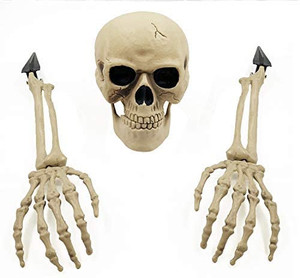 lot 4322 image: SUNYPLAY Halloween Realistic Skeleton Stakes,Ground Breaker Skull Skeleton Head and Arms for Lawn Stakes Garden Halloween Zombie Decoration