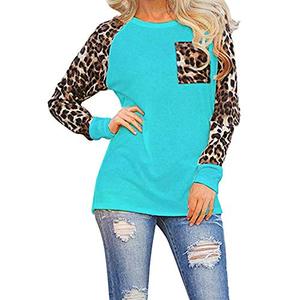 lot 4348 image: OMSJ Womens Casual Tops Long Sleeve Leopard Pocket Color Block Plus Size T-Shirt (Green, XXXXL)