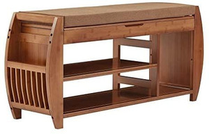 lot 4952 image: Bamboo Shoe Rack & Shoe Bench, Entryway Storage Organizer, Multi Function for Hallway Bathroom Living Room Corridor and Garden, Detachable Cushion with Hidden Storage Compartment