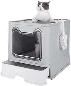 lot 4954 image: BTOYM Foldable Cat Litter Box with Lid, Large Top Entry Litter Box with Cat Litter Scoop, Enclosed Cat Potty,Drawer Type Anti-Splashing Cat Supplies (Grey)