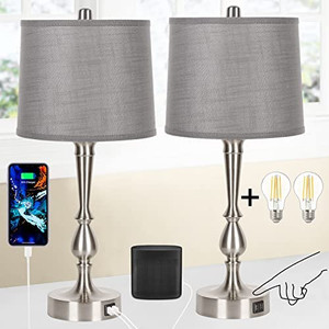 lot 4967 image: Touch Control Minimalist Bedside Table Lamp Set with Dual USB Port 3 Way Dimmable Table Lamp Light with Gray Shade Simple Night Light 2PK (ChromeGray)