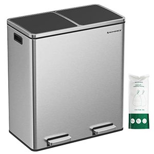 lot 4968 image: SONGMICS Dual Trash Garbage Can, 16 Gal (60L) Rubbish Bin and 15 Trash Bags, Metal Step Bin, with Dual Sections, Plastic Inner Buckets, Hinged Lids, Handles, Soft Closure, Silver ULTB60NL