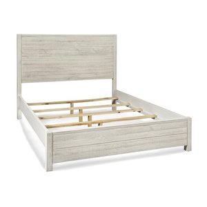 lot 8993 image: Grain Wood Furniture Montauk Solid Wood King Panel Bed - Rustic Off-White - INCOMPLETE