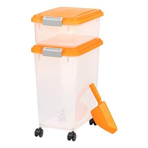lot 9002 image: IRIS USA 3-Piece Airtight Food Storage Container Combo with Scoop and Treat Box for Pet, Dog, Cat, and Bird Food, Orange