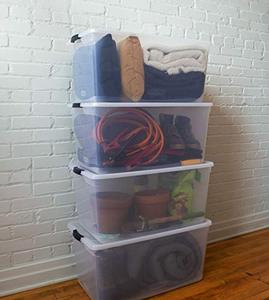 lot 9015 image: Rubbermaid Cleverstore Stackable Containers with Durable Latching Clear Lids, Visible Organization, Ideal for Large Item Storage for Garage and Basement, 95 Quart - 4 Pack