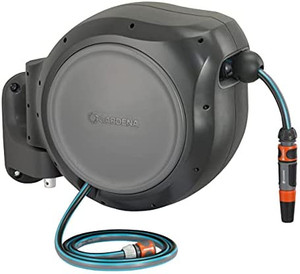 lot 9018 image: Gardena 8055 100 Foot Wall Mounted Retractable Reel with Hose Guide, ft, Grey