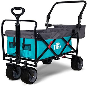 lot 9023 image: TMZ All Terrain Utility Folding Wagon, Collapsible Garden Cart, Heavy Duty Beach Wagon, for Shopping, Camping, and Outdoor Activities with Push Handle and Brakes (Turquoise & Grey)