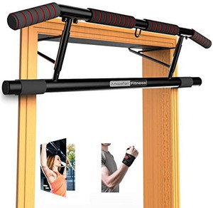 lot 9039 image: AmazeFan Pull Up Bar Doorway with Ergonomic Grip - Fitness Chin-Up Frame for Home Gym Exercise - 2 Professional Quality Wrist Straps  Workout Guide - No Installation Needed (Fits Almost All Doors)