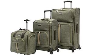 lot 4264 image: Nicole Miller 3 Pcs Softside Luggage Collection - Expandable Lightweight Suitcase Set Includes 15 Inch Under Seat Bag, 20 Inch Carry On & 28 Inch Suitcase with Spinner Wheels (Cameron Green)