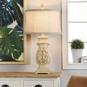 lot 9064 image: Collective Design L38203BDSAM Bokava, Distressed Antique White Finish, Beige Softback Fabric Shade Table Lamp