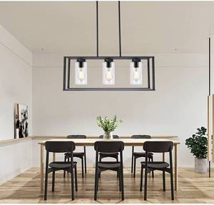 lot 9057 image: Contemporary Chandeliers Black 3 Light Modern Dining Room Lighting Fixtures Hanging, Kitchen Island Cage Linear Pendant Lights Farmhouse Flush Mount Ceiling Light with Glass Shade