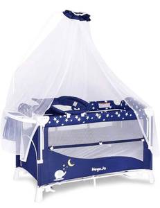 lot 22481 image: Heyo.Ja Double Layer Baby Playard, 5 Height Adjustable Crib,Changing Diaper Rack,Foldable Bassinet Bed with Luxury Mosquito Net,Starry Sky Fence,Two Toys Bag,Wheels & Brake, Carry Bag (Navy)
