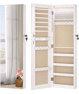 lot 22491 image: LUXFURNI Mirror Jewelry Cabinet 6 LED Lights Wall-MountDoor-Hanging Armoire, Full screen mirror Large Storage Organizer Lockable
