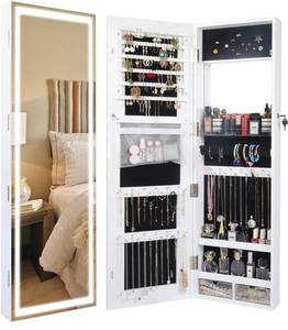 lot 22494 image: Becko Wooden Jewelry Armoire with Mirror Lights Jewelry Cabinet Jewelry Display Organizer Cabinet, Lockable Jewelry Armoire Organizer with Full-Length Mirror, LED Lights, Large Storage, WallDoor Mounted (White)