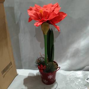 lot 22520 image: Nearly Natural Amaryllis with Round Vase Artificial Arrangement, 22 x 6 x 6.5, Red
