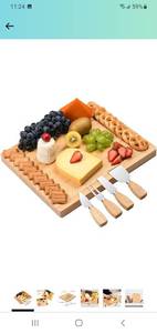 lot 22541 image: ROYAMY Bamboo Cheese Board Set Charcuterie Platter Bamboo Cutting Board with 4 Stainless Steel Knife Perfect Choice for Birthday Wedding Anniversary- Double Side